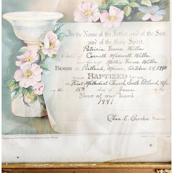 1941 Lithograph Certificate Baptism Framed Patricia Wills Portland Maine GstRm - Picture 3 of 8